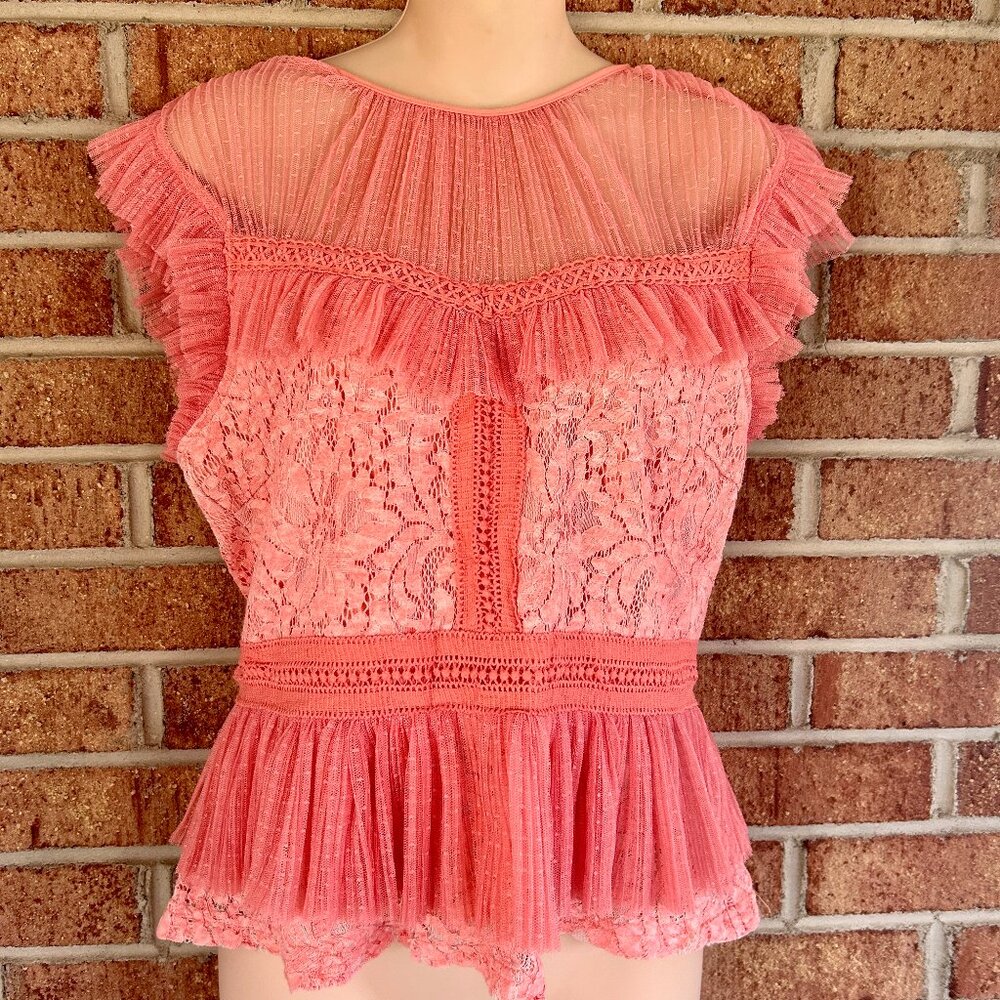 Adelyn Rae Coral Lace Peplum Top Blouse M
